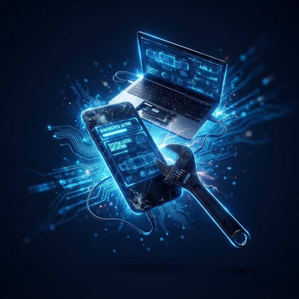 Smartphone and laptop being repaired, illuminated with blue light